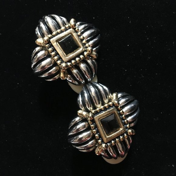 Vintage Retro 80's Designer Clip-On Earrings Silver Gold Gemstone Women's Chunky - Picture 10 of 12